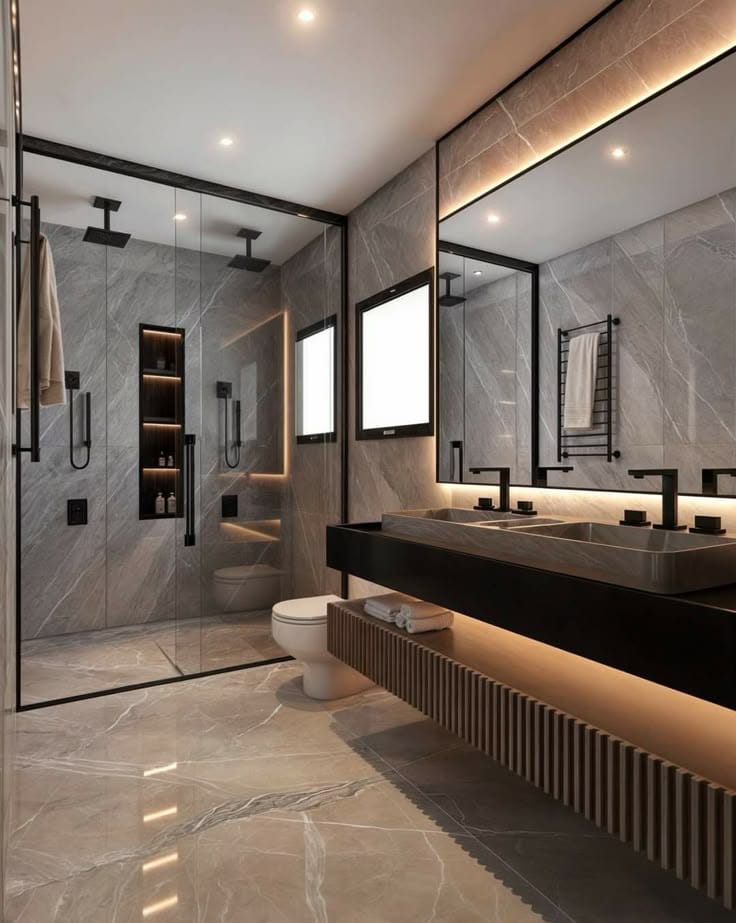 Installation de miroir LED dans une salle de bain de villa moderne